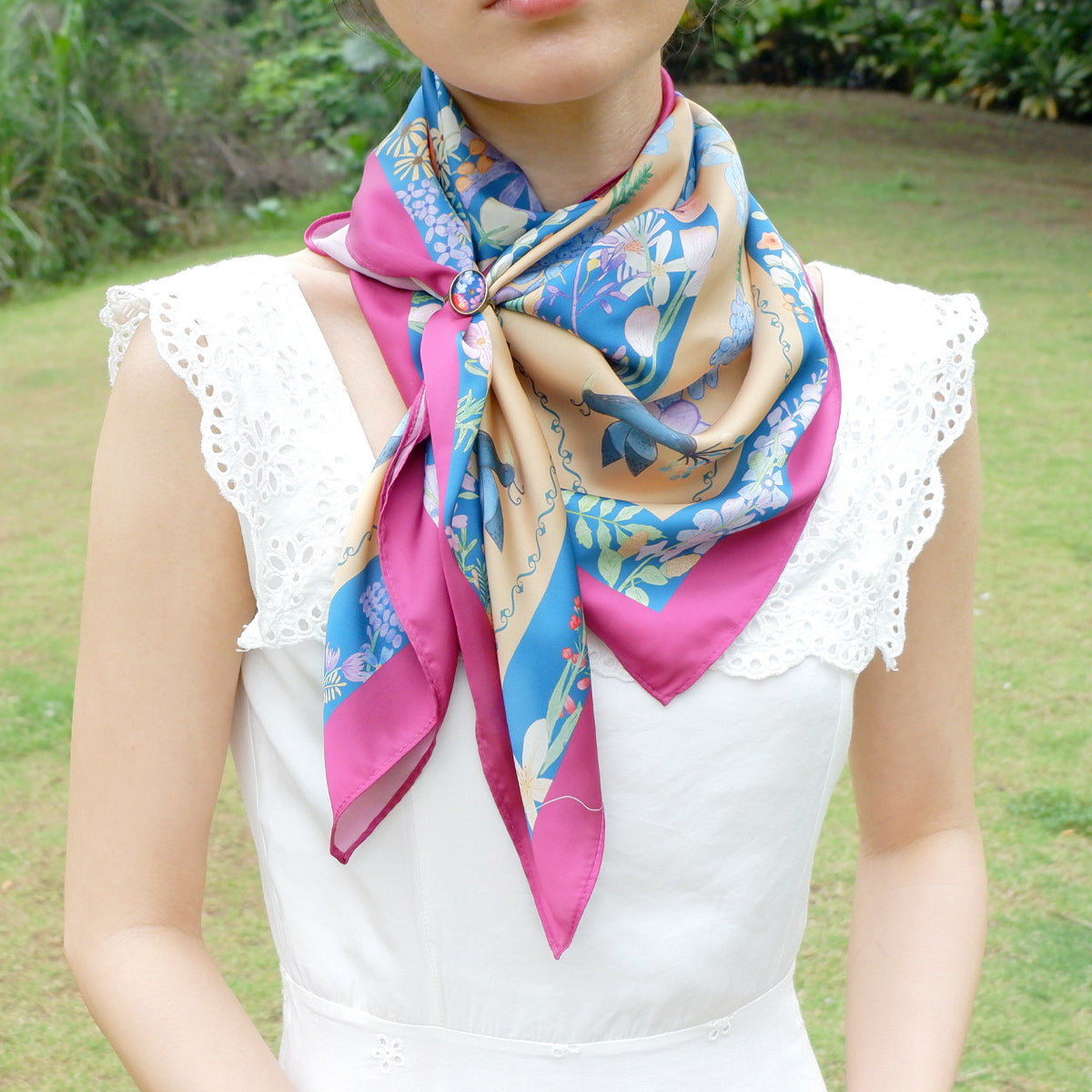 StephyDesignHK blue floral large silk scarf with scarf ring in gift box/  Shawl/ Best birthday gift