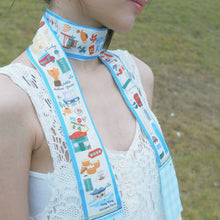 將圖片載入圖庫檢視器 【香港手繪長絲巾】 藍色 TWILLY 絲巾髮帶配絲巾扣禮盒/香港手信