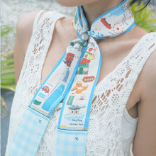 將圖片載入圖庫檢視器 【香港手繪長絲巾】 藍色 TWILLY 絲巾髮帶配絲巾扣禮盒/香港手信