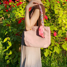 Load image into Gallery viewer, StephyDesignHK Multi-pocket Peach red Nylon shoulder tote bag with Twilly scarf