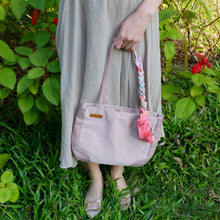 Load image into Gallery viewer, StephyDesignHK Multi-pocket Peach red Nylon shoulder tote bag with Twilly scarf