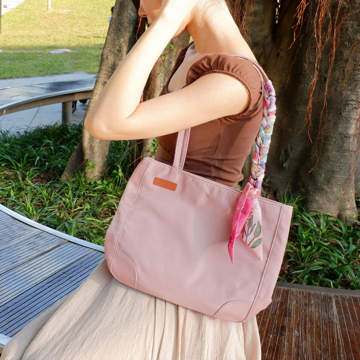 StephyDesignHK Multi-pocket Peach red Nylon shoulder tote bag with Twilly  scarf