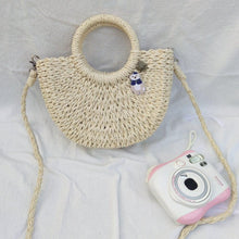 Load image into Gallery viewer, StephyDesignHK summer forest light beige straw woven hand bag with cute bear brooch / cross-back straw bag