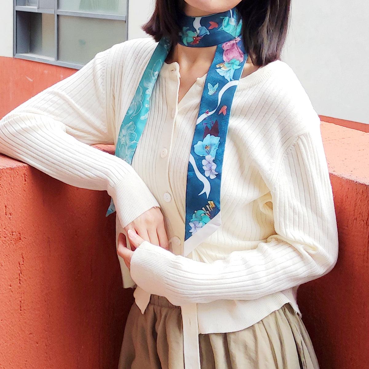 StephyDesignHK Forest Garden Twilly Scarf with Scarf Ring Gift Box Hair Band wrist scarf Neck Tie Scarf