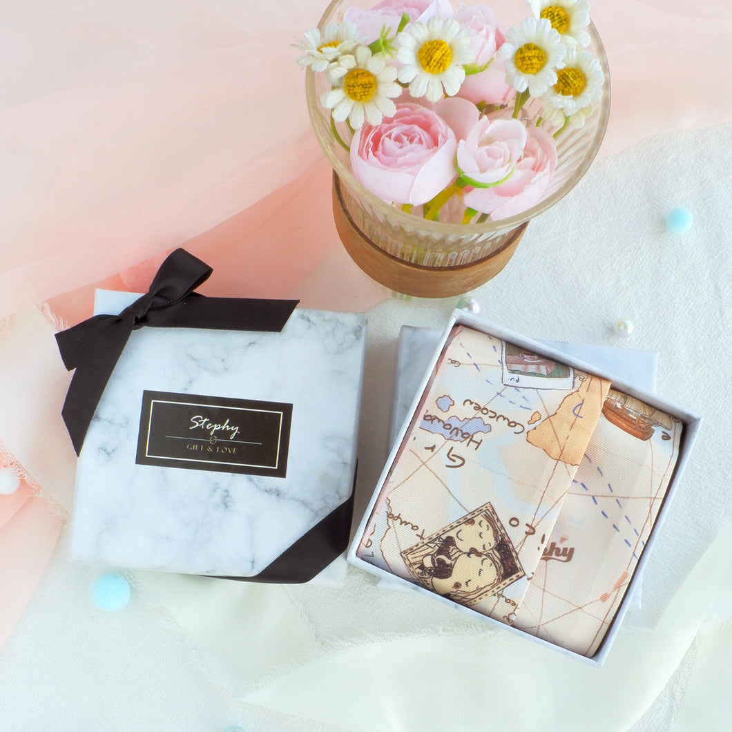  [Hong Kong Souvenirs Gift] Hand-Painted Beige TWILLY Scarf with Scarf Ring Gift Set
