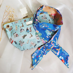 StephyDesignHK 【 TWILLY 絲巾 +包包】藍色水彩花 絲巾+兩用側背 / 手抓包套裝
