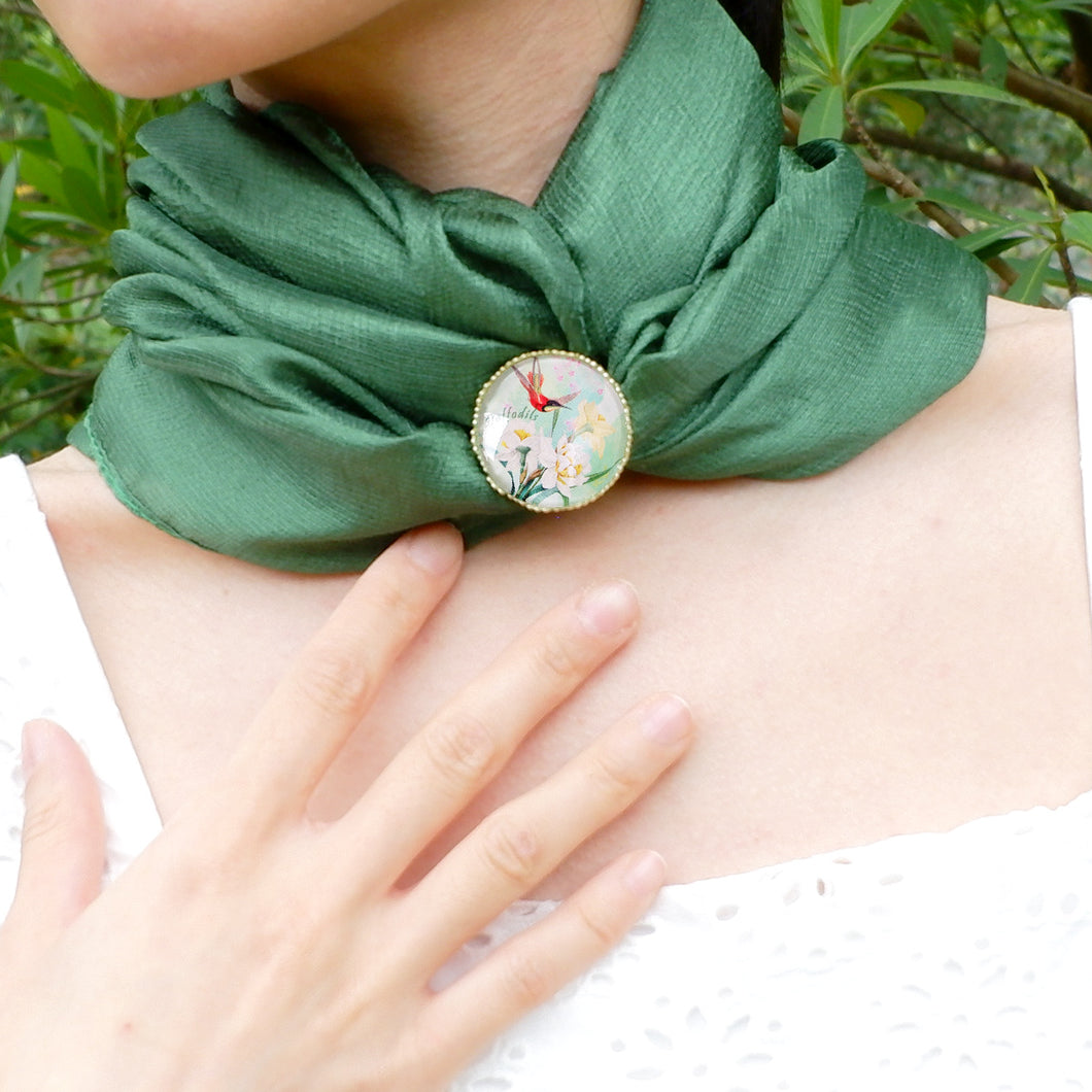 Soft olive green multi-color linen scarf with daffodil silk scarf buckle gift box-Mother's Day gift box