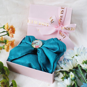 Lake blue multi-color ultra-light and elegant scarf with golden fragrant flower silk scarf buckle gift box-Mother's Day gift box