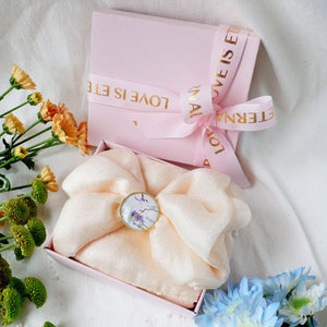 Lightweight and elegant white linen scarf with orchid scarf ring gift box-Mother's Day gift box