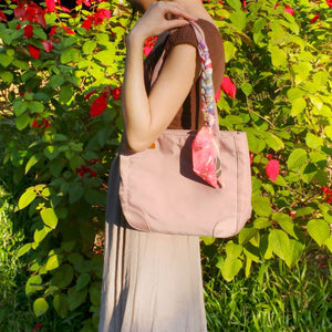 StephyDesignHK Multi-pocket Peach red Nylon shoulder tote bag with Twilly scarf