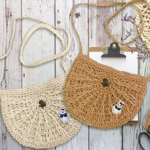 StephyDesignHK brown straw woven cross-body brooch bag/bunny brooch straw bag/cross-body bag