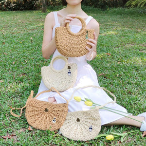 StephyDesignHK summer forest light beige straw woven hand bag with cute bear brooch / cross-back straw bag