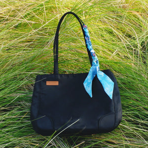 StephyDesignHK Multi-pocket Black Nylon shoulder tote bag with Twilly scarf