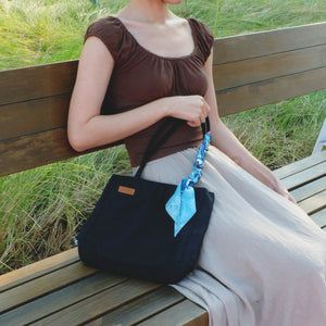 StephyDesignHK Multi-pocket Black Nylon shoulder tote bag with Twilly scarf