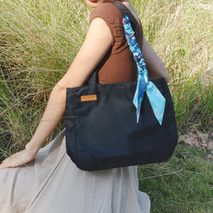 StephyDesignHK Multi-pocket Black Nylon shoulder tote bag with Twilly scarf