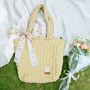 StephyDesignHK Light Yellow Cotton Candy Cloth Tote bag with Twilly / Matched with cat embroidery