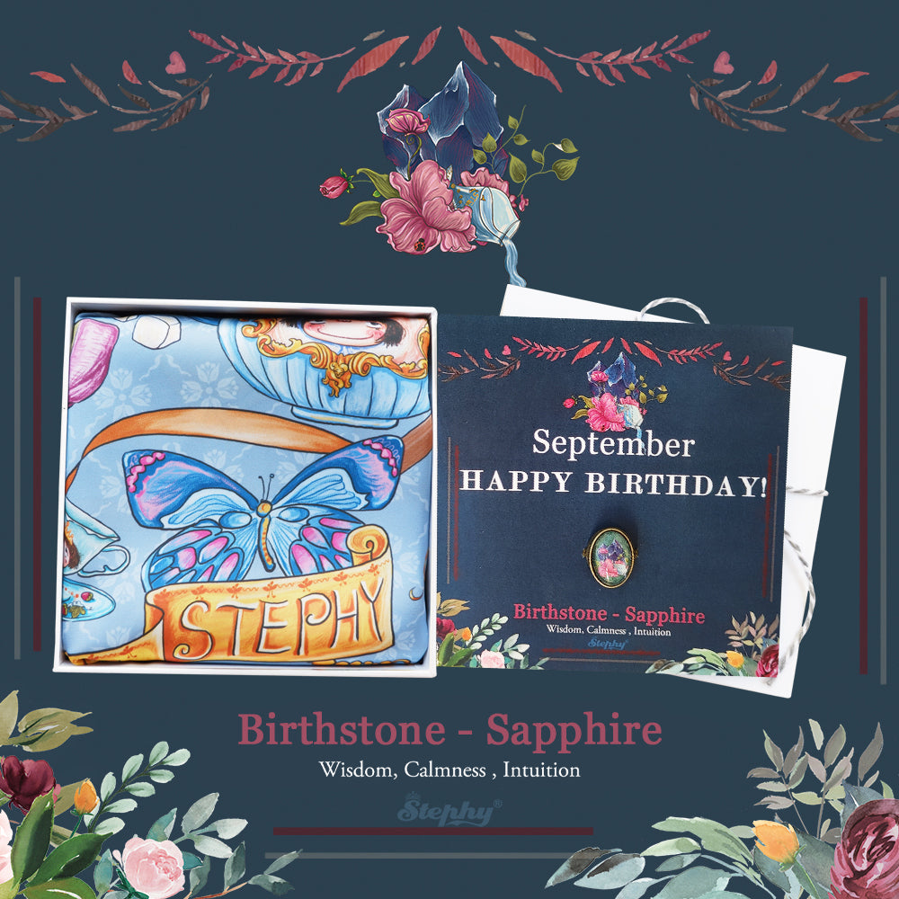 StephyDesignHK 9月誕生石生日禮物/藍寶石絲巾及絲巾扣禮盒套裝