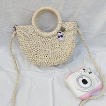 Load image into Gallery viewer, StephyDesignHK summer forest light beige straw woven hand bag with cute bear brooch / cross-back straw bag
