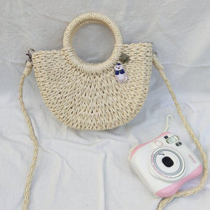 StephyDesignHK summer forest light beige straw woven hand bag with cute bear brooch / cross-back straw bag