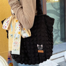 Load image into Gallery viewer, StephyDesignHK Black cotton candy cloth Tote bag with Twilly / Matched with cat embroidery 

