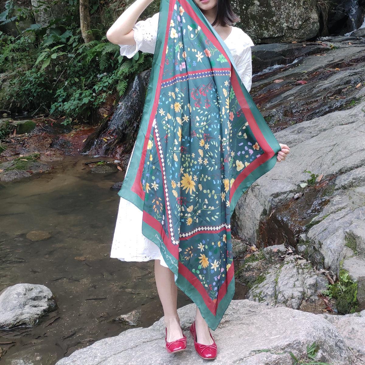 StephyDesignHK Floral large silk scarf with scarf ring elegant in