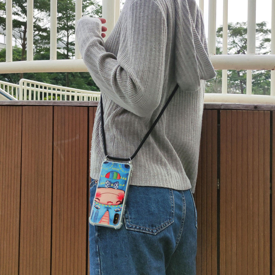 StephyDesignHK-藍貓帶掛繩斜背四角氣囊防撞手機殼 iPhone 15/14/13/12全系列【客製化】
