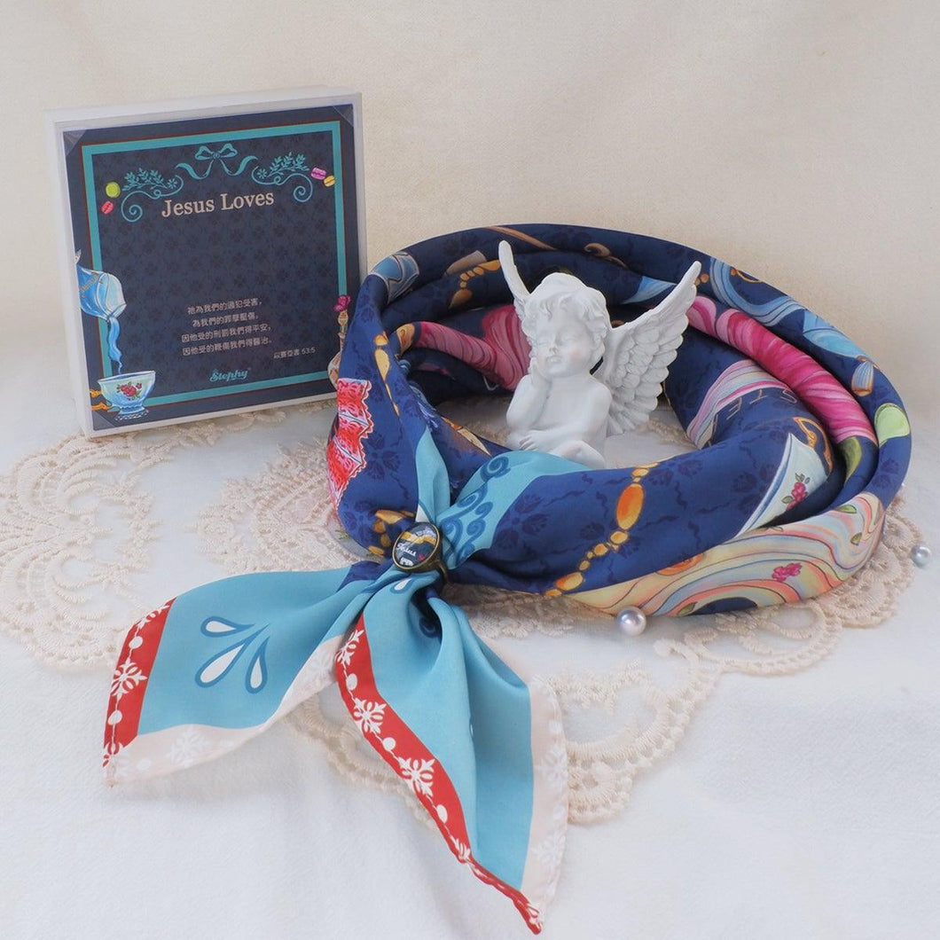 StephyDesignHK [Customized Gift]~Jesus Loves ~ Baptism Congratulatory Gift~Silk Scarf and Silk Scarf Buckle Gift Box Set