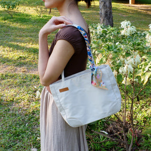 StephyDesignHK Multi-pocket White Nylon shoulder tote bag with Twilly scarf
