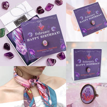 Load image into Gallery viewer, StephyDesignHK February Amethyst birthday stone silk scarf and silk scarf ring gift set 
