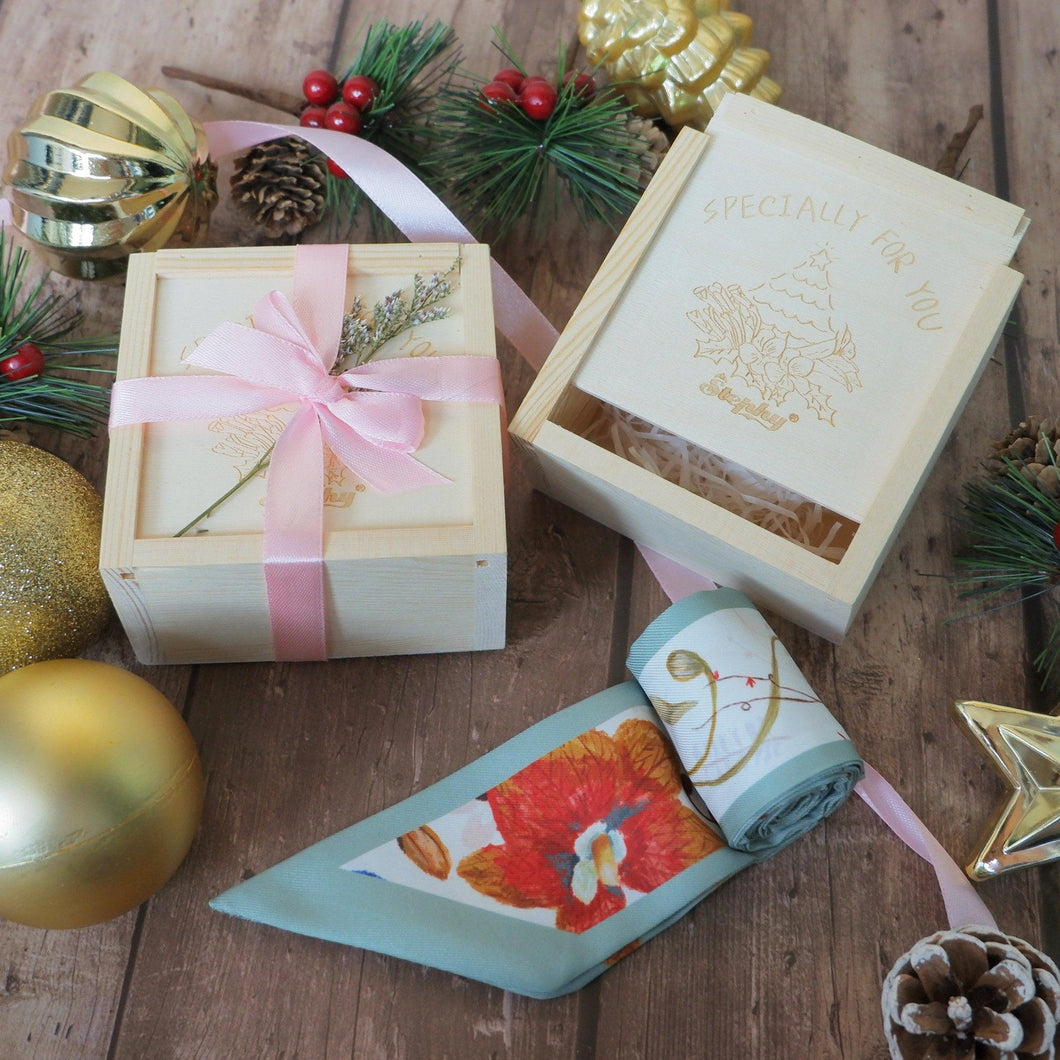StephyDesignHK 蘭花長絲巾聖誕木盒包裝禮物 / 髮帶
