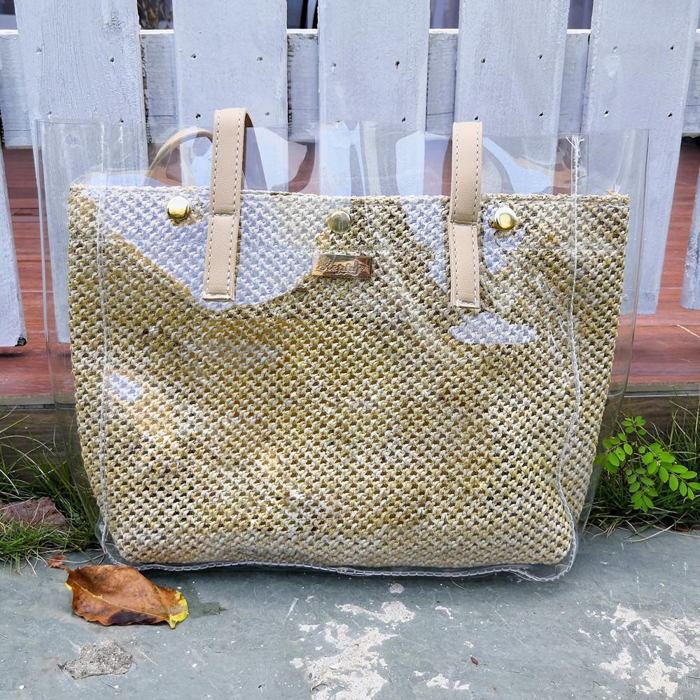StephyDesignHK double layer transparent PVC straw braided picture big bag / brooch transparent bag